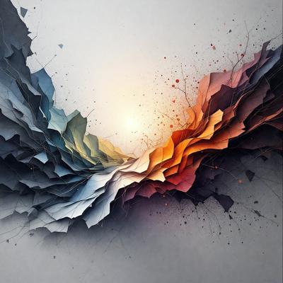 The primary subject of the image is a large, colorful painting featuring a sunset. The painting is displayed on a wall, and the colors and mood suggest a warm and vibrant atmosphere. The visual style of the painting is a combination of digital art and illustration, creating a unique and eye-catching piece of art.